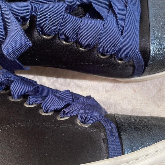 🤩HP🤩 Lanvin Paris Crackled Leather Toe Cap Satin Sided Black Navy Blue Sneaker - Picture 6 of 17